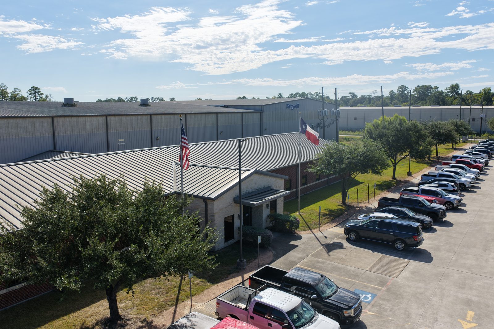Office entrance with flags, Humble